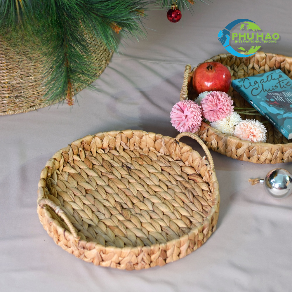 204001 Sturdy Round Water Hyacinth Tray with Handles – Vietnam Handicraft