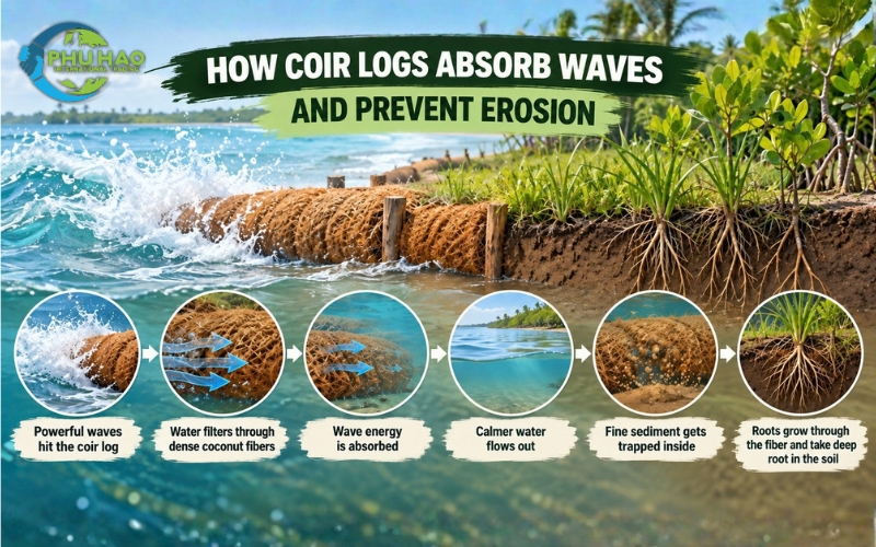 Wave attenuation and sediment deposition mechanism diagram of a coir log