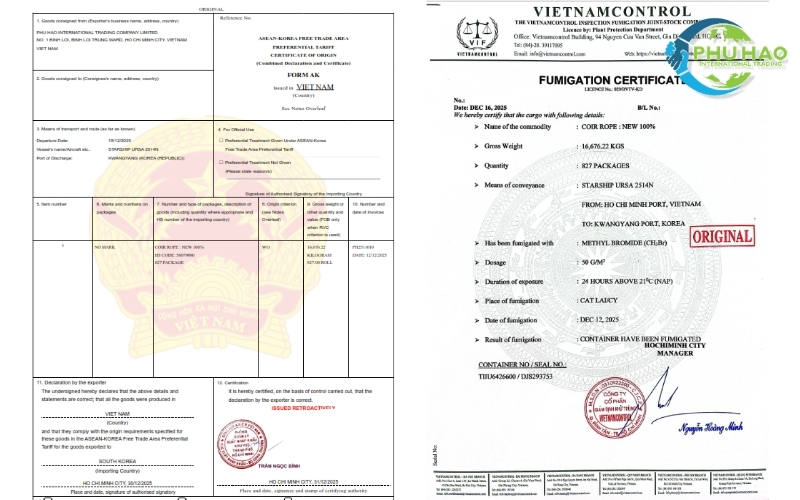Phytosanitary and fumigation inspection papers for export coir rope