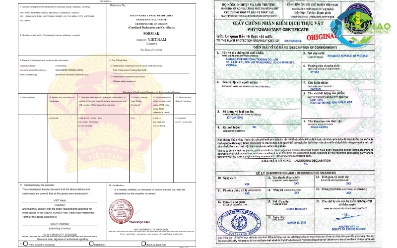 Phytosanitary certificate meeting coir tape roll export specifications to South Korea