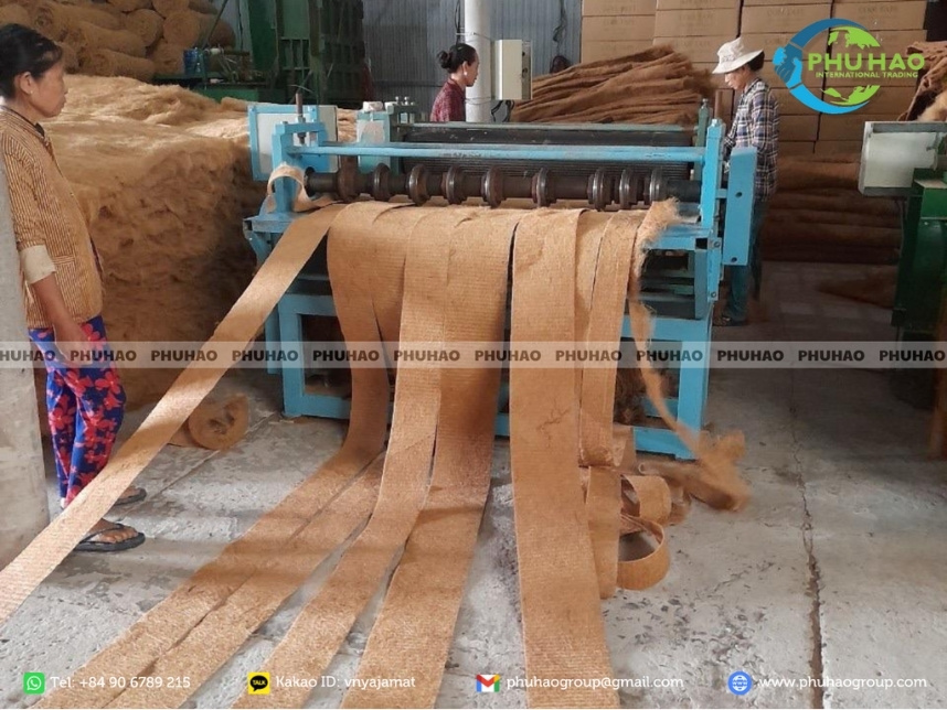 Technicians operate the coir cutting machine to meet coir tape roll export specifications to South Korea